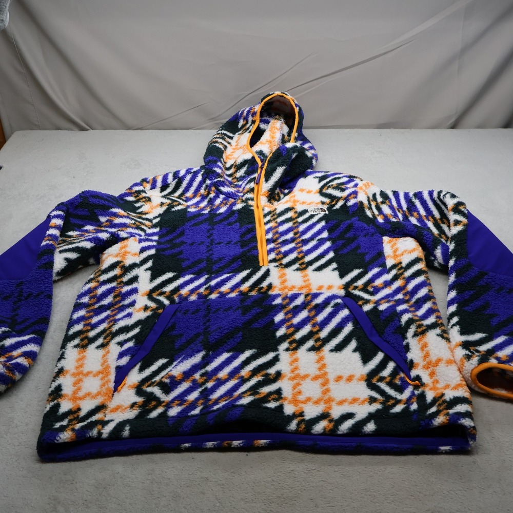 North Face Hoodie Mens Large Blue Plaid Campshire Fleece 1/4 Zip Pullover Hiking